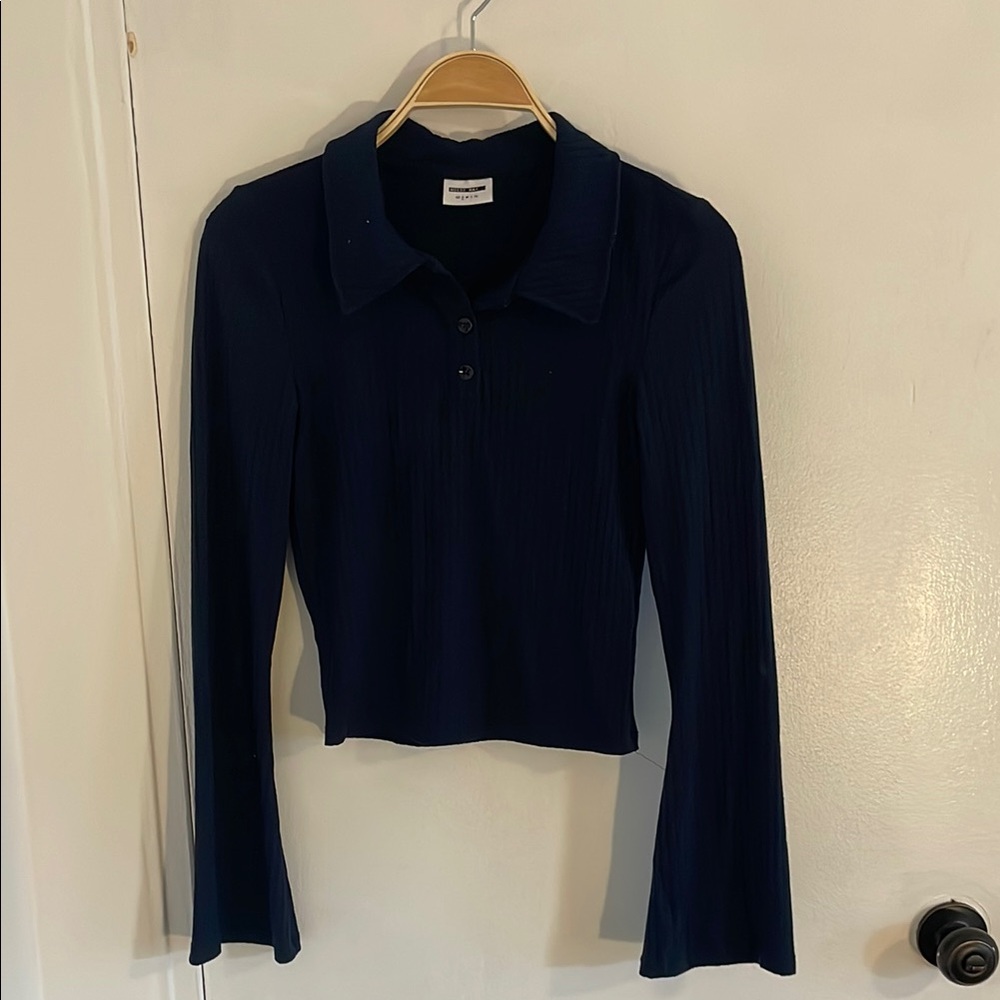 Brandy Melville Blue Fitted Long Sleeve Polo Shirt